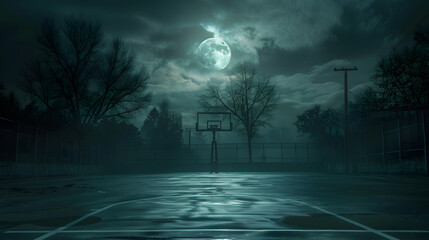 Wall Mural - A basketball court with a full moon in the sky