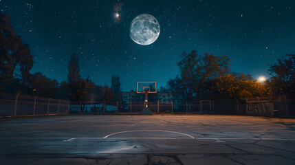 Wall Mural - A basketball court with a full moon in the sky