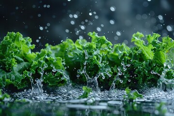 Poster -   A close-up image of several leaves of lettuce with droplets of water on their upper surfaces