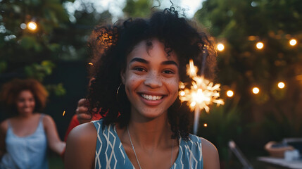 Canvas Print - Smiling Mixed Race woman holding burning sparkler at backyard party