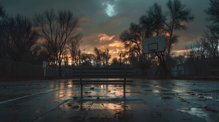 Wall Mural - A bench in a park with a basketball court in the background