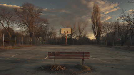 Wall Mural - A bench in a park with a basketball court in the background