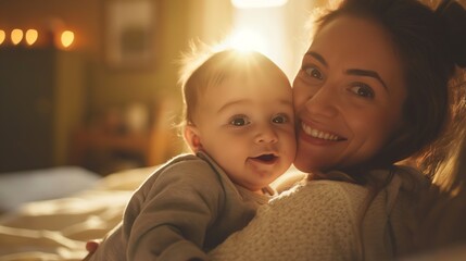 Mother kissing her cute baby girl on her cheeks