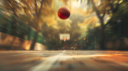 Wall Mural - A basketball is in the air, and it is about to land on the ground