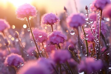 Sticker -  A field of pink flowers glistens with water droplets on their petals, while sunlight filters through the clouds above