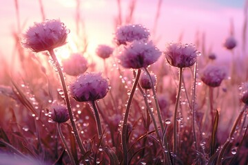 Sticker -   A detailed photo of several flowers with droplets on their petals against a bright sun backdrop