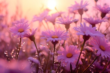 Sticker -   A field brimming with pink daisies bathed in sunlight filtering through the clouds, adorned with water-kissed petals