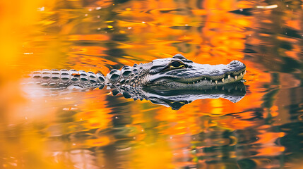 Wall Mural - a crocodile floating in calm water, with a vivid orange and yellow color palette likely due to the reflection of sunlight or surrounding foliage