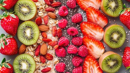 Sticker -   Oatmeal bowl topped with strawberries, raspberries, kiwis and almonds