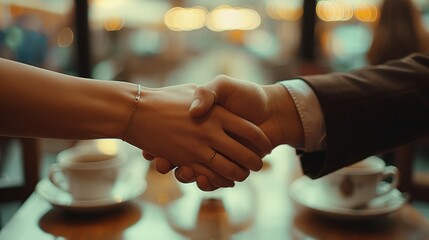 Business partners handshake at cafe