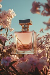 Canvas Print - Elegant Perfume Bottle Surrounded By Blossoming Flowers During Golden Hour