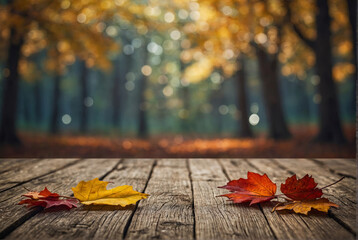 Autumn background , design blank , wooden platform with blurred background