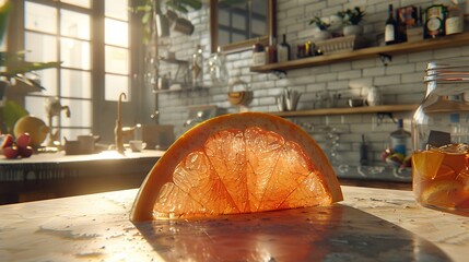 Sticker -   An orange resting on a table near an orange juice jar on a countertop