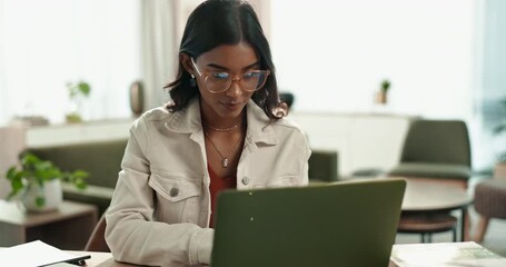 Fototapete - Laptop, Indian woman and home for online, typing or remote work from living room with computer. Lounge, glasses or internet for language transcriber, technology or website for freelance female person