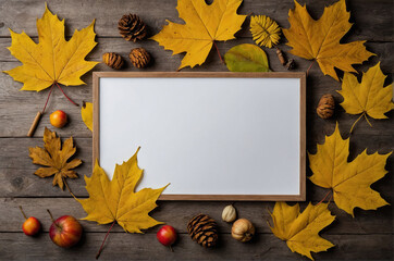 card blank , autumn background with space for text , wooden background with white leaf and yellow leaves