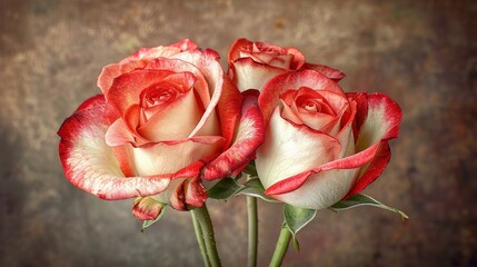 Poster -   Two roses, one red and one white, are beautifully displayed in a vase against a brown background In the background, a brown wall adds depth to the overall scene