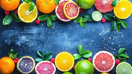 Sticker -   Group of citrus fruits, leaves and berries on dark blue background, with space for text or image