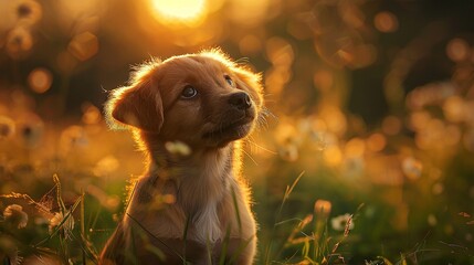 Sticker -   A pup frolicking amidst lush green blades as sunlight filters through, its gaze lifted skyward