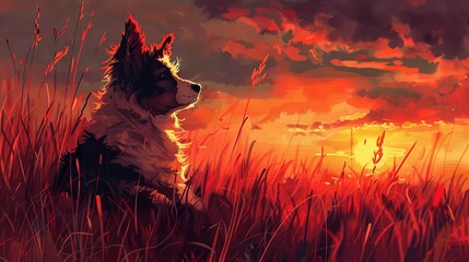 Sticker -   A painting of a dog sitting in a field of tall grass with the sun setting in the background