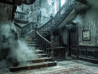 Sticker - A dark, creepy hallway with a staircase leading up to a door. The staircase is covered in smoke and the door is closed. Scene is eerie and unsettling