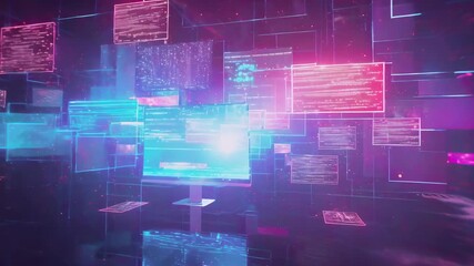 Glowing digital screens float and display information in a virtual, futuristic space. The scene is dimly lit, with vibrant neon colors of blue and pink giving a modern, technological vibe.