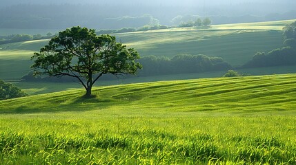 Canvas Print -   A solitary tree towers over a verdant field dotted with rolling hills in the background