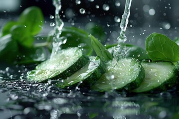 Wall Mural -   Sliced cucumbers pile on black surface, green leaves, water dripping