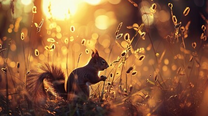 Poster -   A squirrel stands tall in a grassy field, bathed in sunlight filtering through the blades