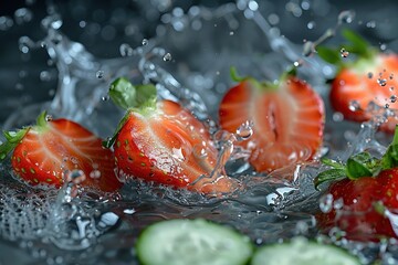 Sticker -   A close-up of strawberries and cucumbers immersed in water, with a splash of water on the top of the strawberries