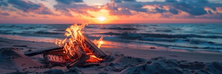 Canvas Print - Beautiful sunset bonfire at the beach with burning firewood