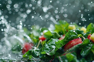 Wall Mural -   A close-up of a fresh green salad featuring juicy tomatoes and crisp lettuce, adorned with droplets of glistening water