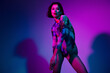 © Beauty Hero - Photo of sweet adorable lady wear print colorful body enjoy stripper dance empty space isolated purple color background