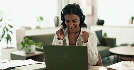 Poster - Office, business woman and laptop for celebration, achievement and corporate promotion on video call. Workspace, female agent and computer for good news, applause and mic to listen for announcement