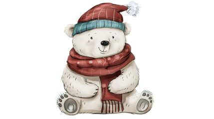 Wall Mural - Polar bear cartoon character wearing a scarf and hat on transparent background