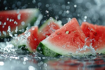 Poster -   Watermelon slices, zoomed in Surface glistens from droplets of water