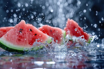 Poster -   Watermelon slices float atop water with droplets