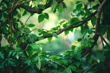 Canvas Print - 
Twisting jungle vines with lush leaves, clear background, high definition. 