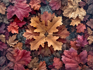 Wall Mural - A close up of many leaves of different sizes and colors. The leaves are arranged in a circle, with some overlapping and others standing out. Scene is one of autumn, with the leaves falling