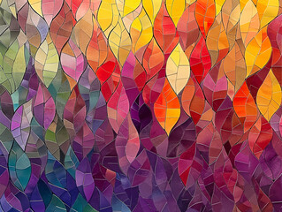 Wall Mural - A colorful abstract painting with many different shades of purple and orange. The painting is made up of many different pieces of paper, and it looks like a collage. The colors are bright and vibrant