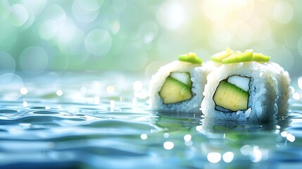 Poster -   Two sushi rolls with cucumber slices on top in clear water with a blurred background