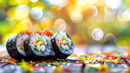 Wall Mural -   Three sushi rolls on a table, surrounded by green foliage, with a soft blur in the background caused by ambient light