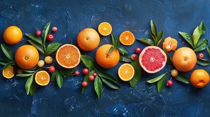 Poster -   Grapefruits, oranges, and cranberries arranged on a dark blue surface