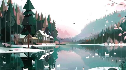 Wall Mural -   A painting of a serene lake with a cozy house in the distance and lush trees and chirping birds in the foreground captures the essence of nature's beauty