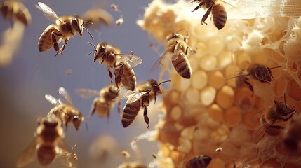 Poster -  Bees buzzing around hive with honeycombs; blue sky background