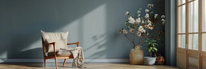 Sticker - Stylish Scandinavian Living Room Interior Featuring a Trendy Vintage Armchair and Grey Wall