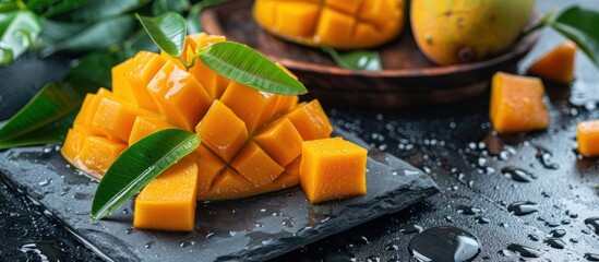 Wall Mural - Freshly Cut Mango on a Black Slate Plate