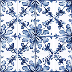 square tiles with blue floral decoration over a white background, a traditional element of portuguese and spanish architecture - can seamlessly be repeated to all sides