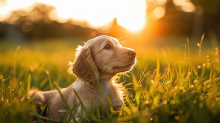 Poster -   A dog lying on green grass as the sun sets behind it