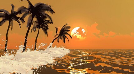 Wall Mural -  Sunset painting with palms in foreground and wave in the background, featuring the sun behind it all