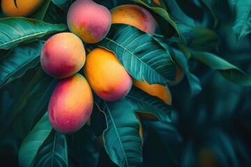 Wall Mural - Ripe Mangoes on a Lush Green Tree